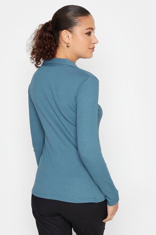 LTS Tall Blue Ribbed Button Detail Collared Top | Long Tall Sally 3