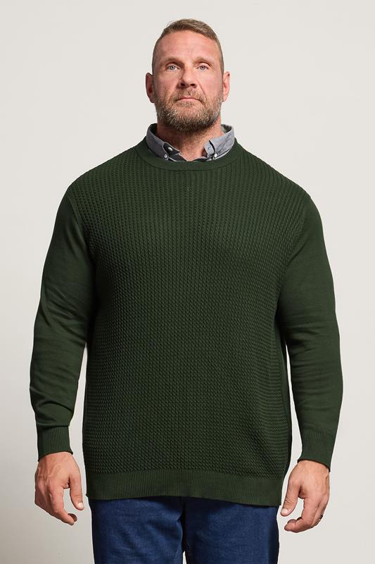 BadRhino Big & Tall Dark Green Cable Knit Mock Shirt Jumper | BadRhino 1