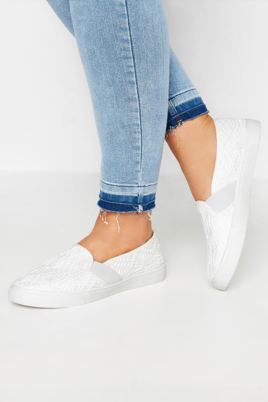 White Broderie Anglaise Slip-On Trainers In Wide E Fit | Yours Clothing 1
