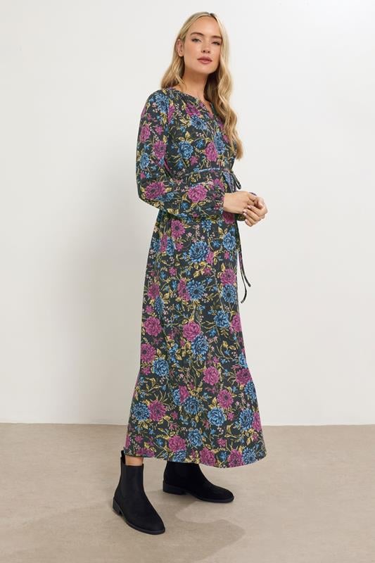 LTS Tall Black Floral Belted Maxi Dress | Long Tall Sally 1