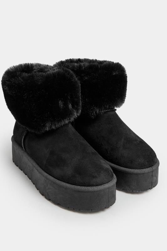 Black Platform Faux Fur Collared Boot in Wide E Fit | Yours Clothing 2