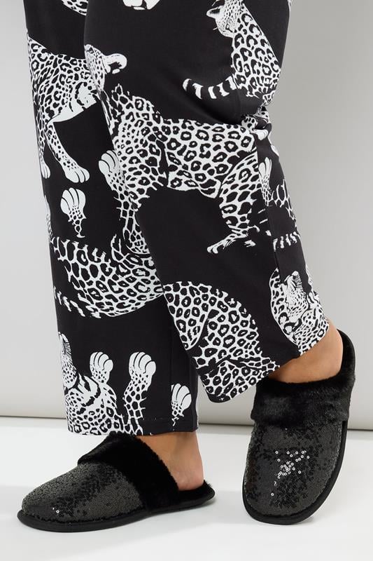 Black Sequin Mule Slippers | Yours Clothing 1