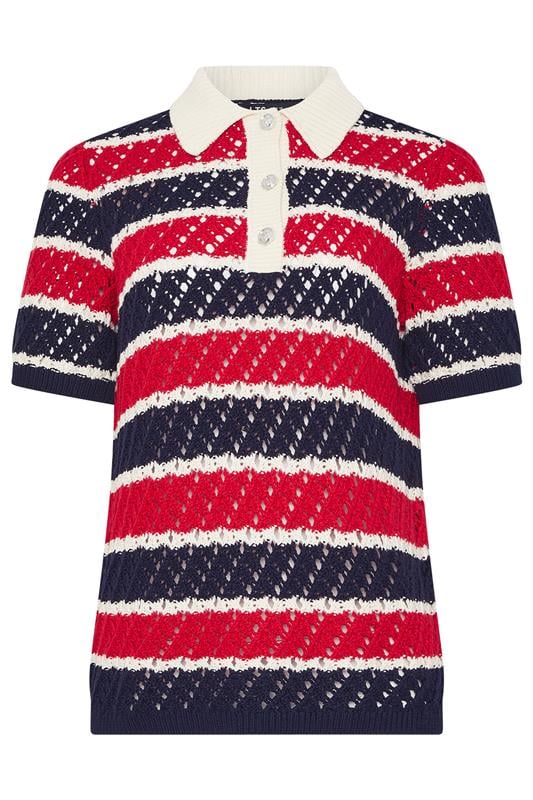 LTS Tall Woman's Blue & Red Crochet Stripe Polo Top | Long Tall Sally 2