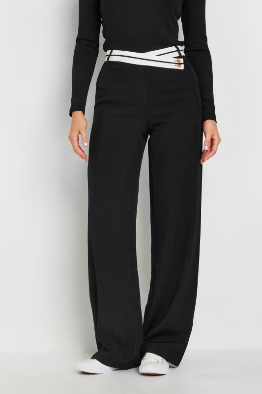 LTS Tall Black Cross Over Contrast Waistband Trousers | Long Tall Sally 4