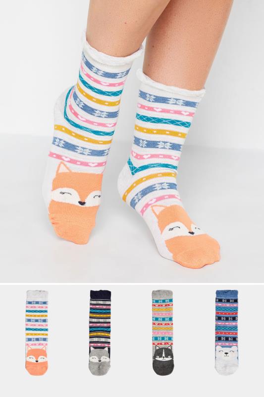 4 PACK Grey & Orange Fairisle Animal Print Socks | Yours Clothing 1