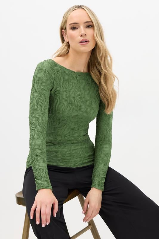 LTS Tall Green Textured Slash Neck Top | Long Tall Sally 2