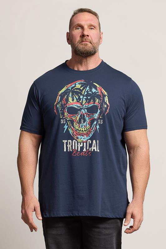  D555 Big & Tall Navy Blue Tropical Skull Print T-Shirt