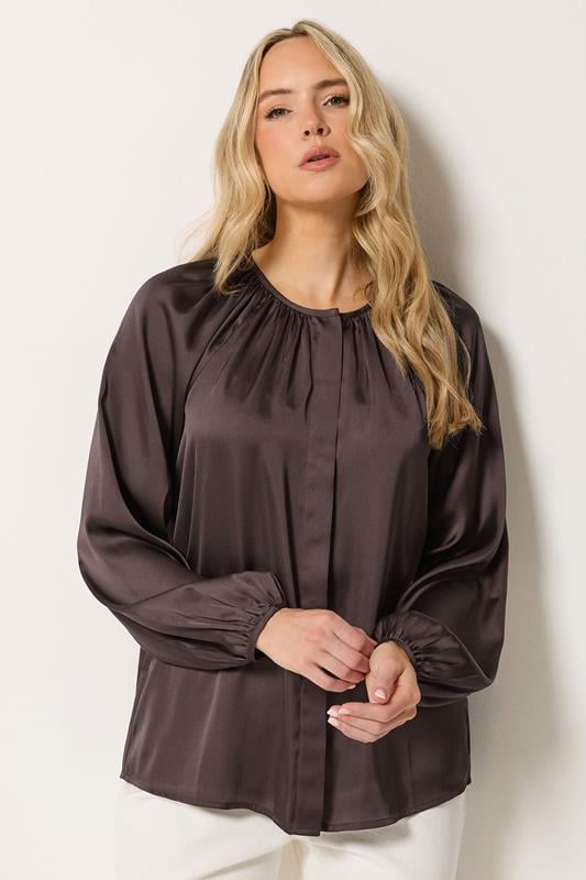  LTS Tall Chocolate Brown Satin Button Top