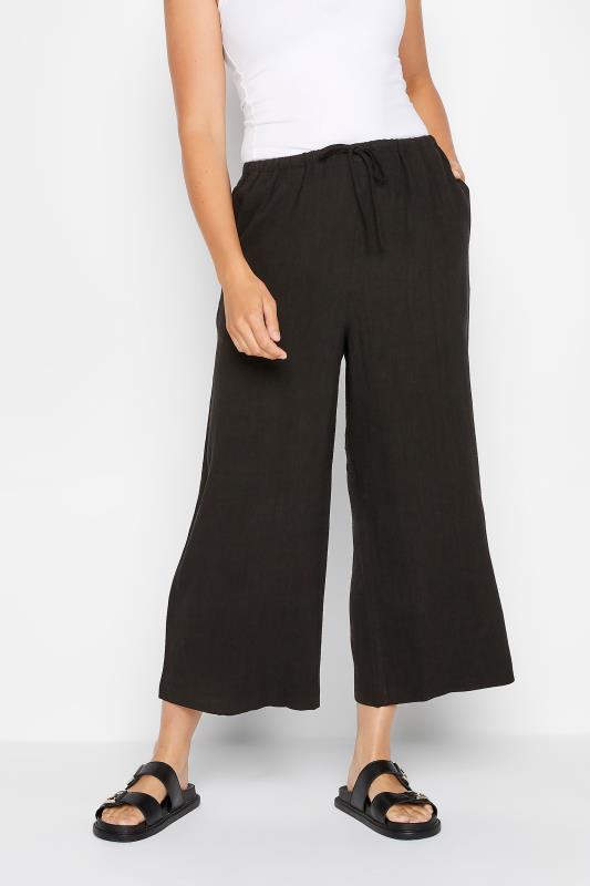 LTS Tall Black Wide Leg Cropped Linen Look Trousers 1