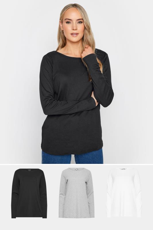 LTS Tall Womens 3 PACK Black & White Long Sleeve Cotton T-Shirt | Long Tall Sally  1