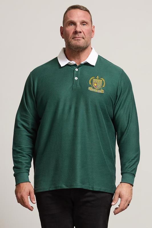 BadRhino Big & Tall Green Long Sleeve Embroidered Rugby Polo Shirt