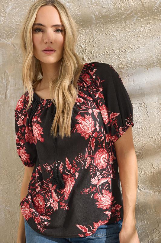 Tall  LTS Tall Black Floral Print Tie Front Top