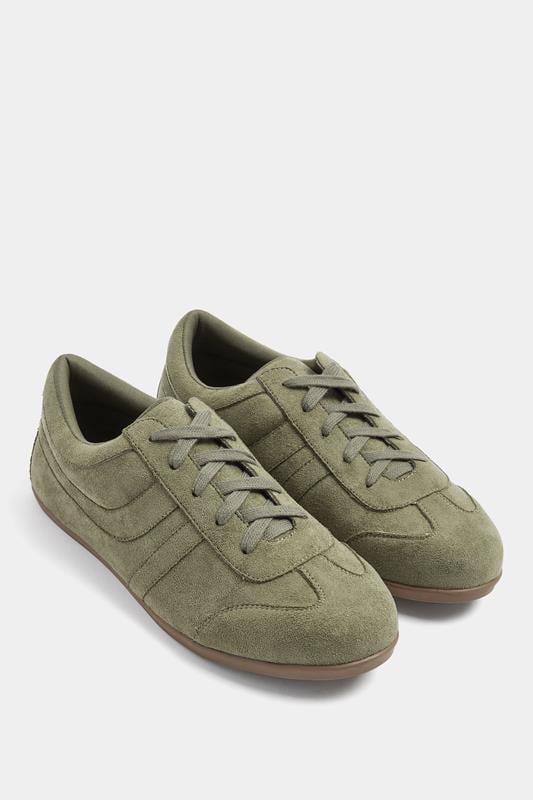  Yours Sage Green Faux Suede Low Retro Stripe Trainers In Extra Wide EEE Fit