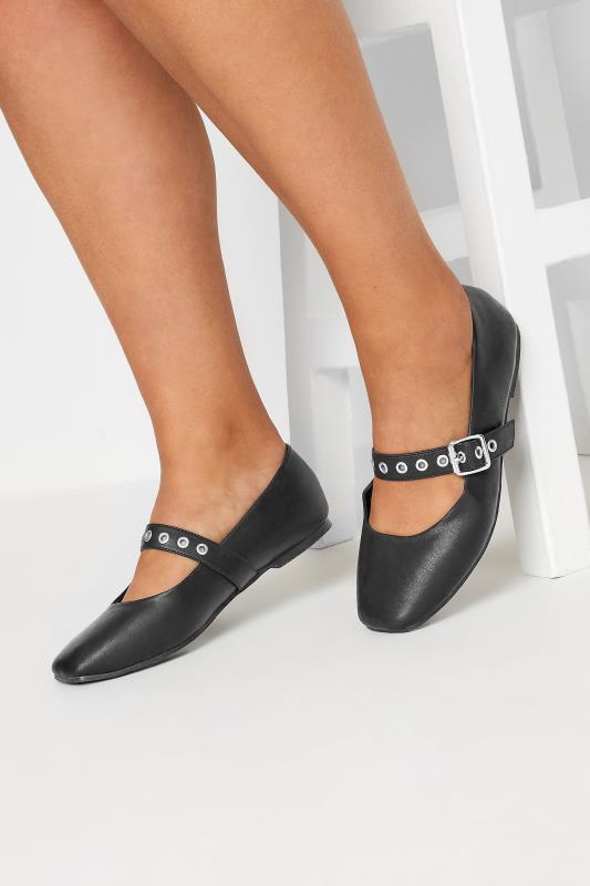 Plus Size  Yours Black Buckle Detail Mary Jane Rivet Flats In Extra Wide EEE Fit