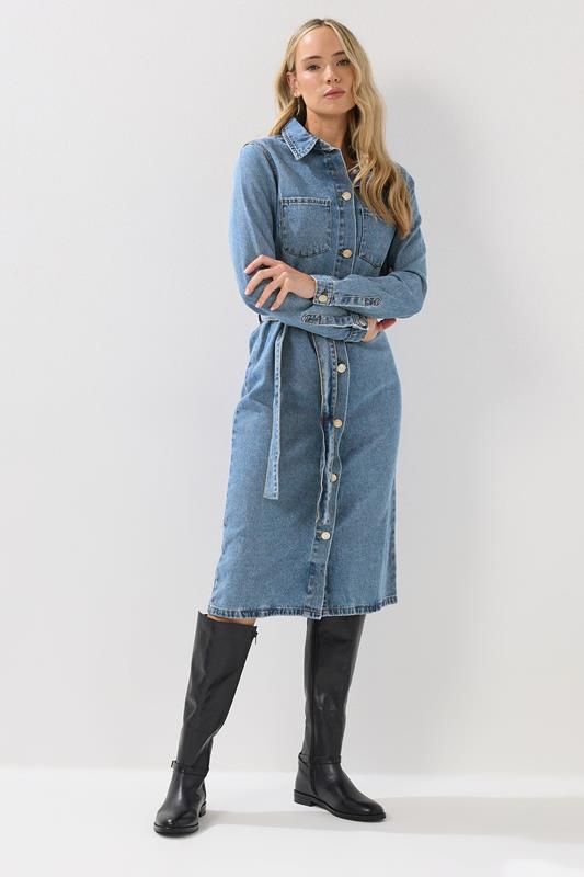 LTS Tall Blue Denim Long Sleeve Belt Tie Midi Dress | Long Tall Sally 2