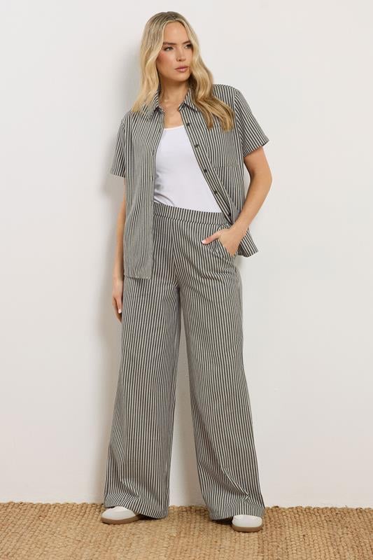 LTS Tall Women's Set Olive Green Stripe Button Cotton Shirt & Trousers | Long Tall Sally 1
