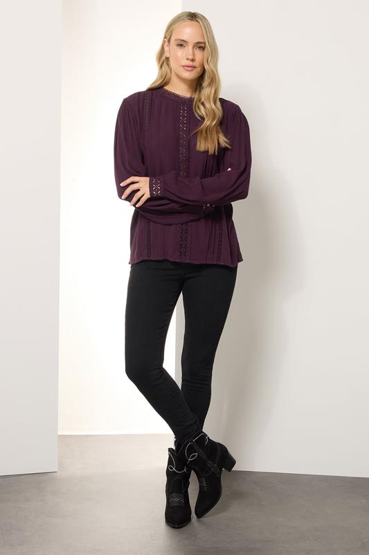LTS Tall Purple Crinkle Lace Detail Blouse | Long Tall Sally 2