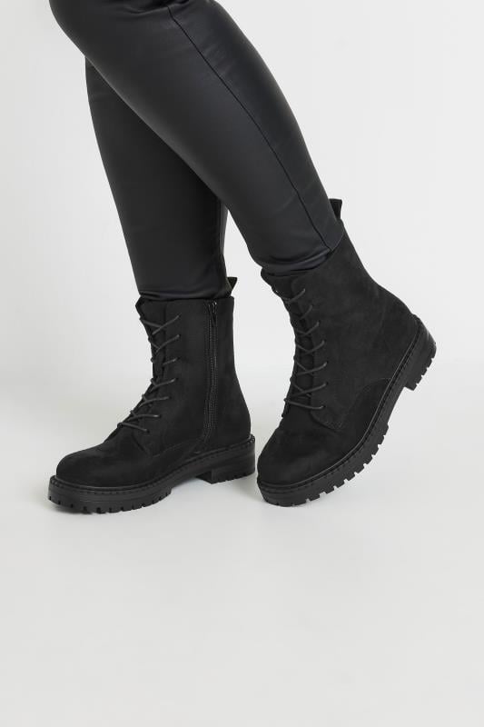 Plus Size  Yours Black Faux Suede Lace Up Boots In Wide E Fit