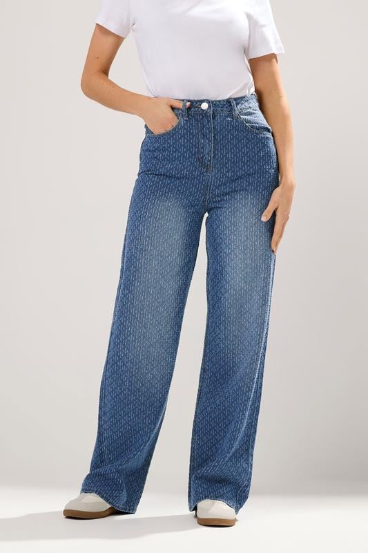 LTS Tall Mid Wash Textured Wide Leg Jeans | Long Tall Sally 3