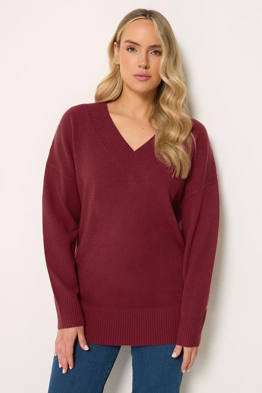  LTS Tall Burgundy Red V-Neck Knitted Jumper