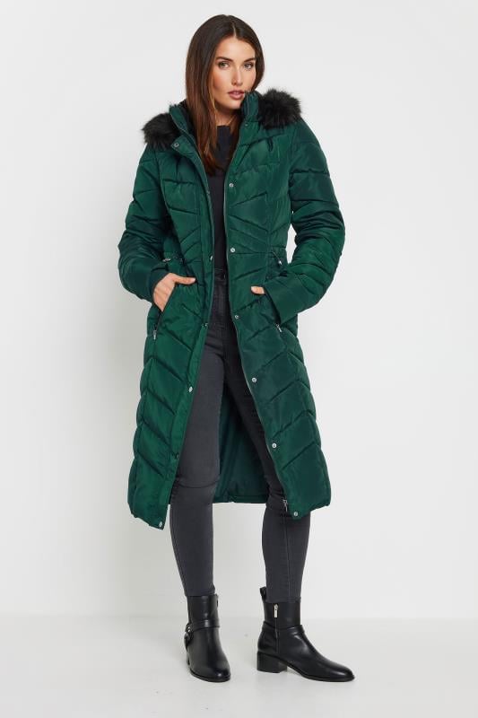 Tall  LTS Tall Green Faux Fur Trim Padded Longline Coat