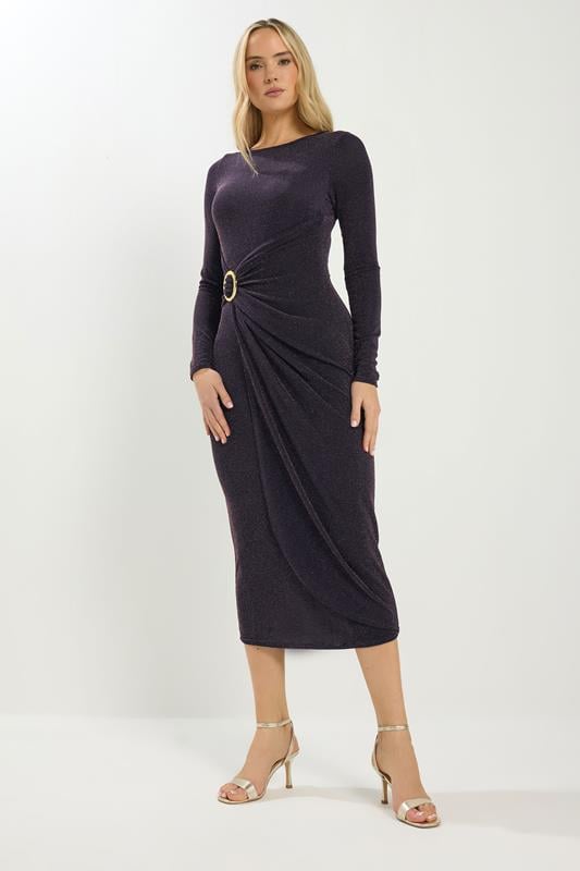 LTS Tall Navy Blue Sparkle Textured Drape Buckle Dress | Long Tall Sally 2