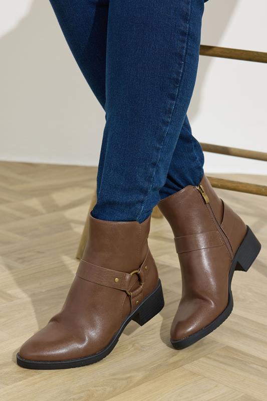 Plus Size  Yours Brown Faux Leather Buckle Ankle Boots In Standard Fit