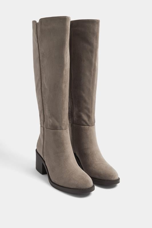  Yours Taupe Brown Faux Suede Knee High Boots In Extra Wide EEE Fit