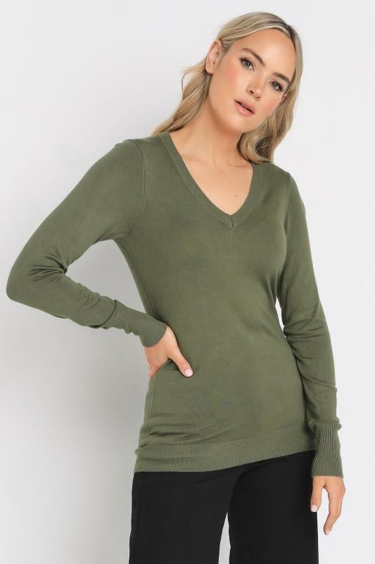 Tall  LTS Tall Khaki Green Fine Knit V-Neck Jumper