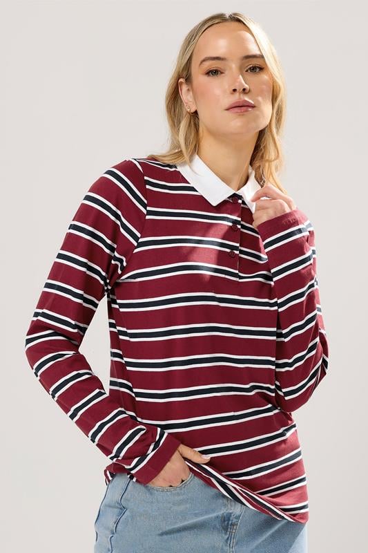 Tall  LTS Tall Red & Navy Blue Striped Jersey Polo Top