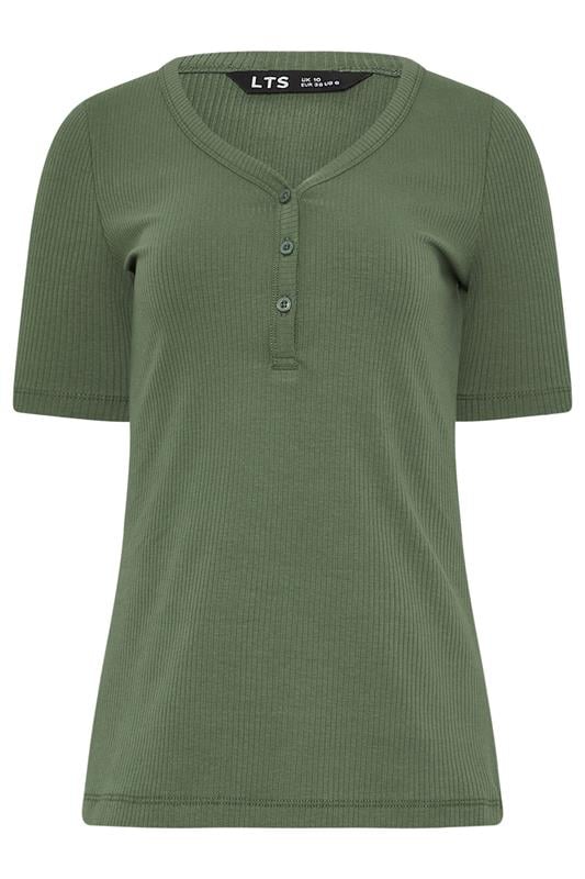 Tall  LTS Tall Green Ribbed Short Sleeve Henley Top