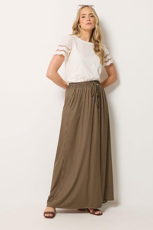  LTS Tall Chocolate Brown Gingham Shirred Maxi Skirt