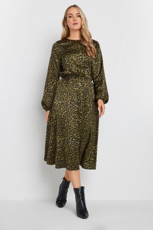 LTS Tall Khaki Green Leopard Print Satin Midi Dress | Long Tall Sally 3