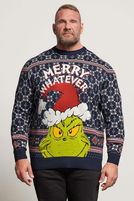 BadRhino Big & Tall Navy Blue Fairisle Grinch Christmas Jumper | BadRhino 1