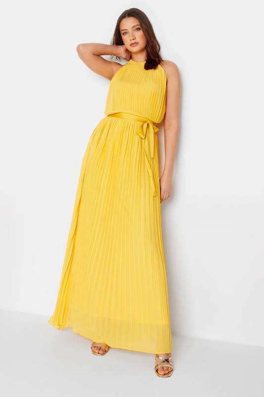 LTS Tall Women's Yellow Pleated Halter Neck Maxi Dress | Long Tall Sally 1