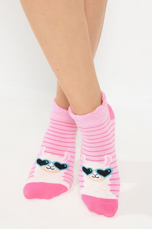 4 PACK Pink & Grey Llama Print Trainer Socks | Yours Clothing 1