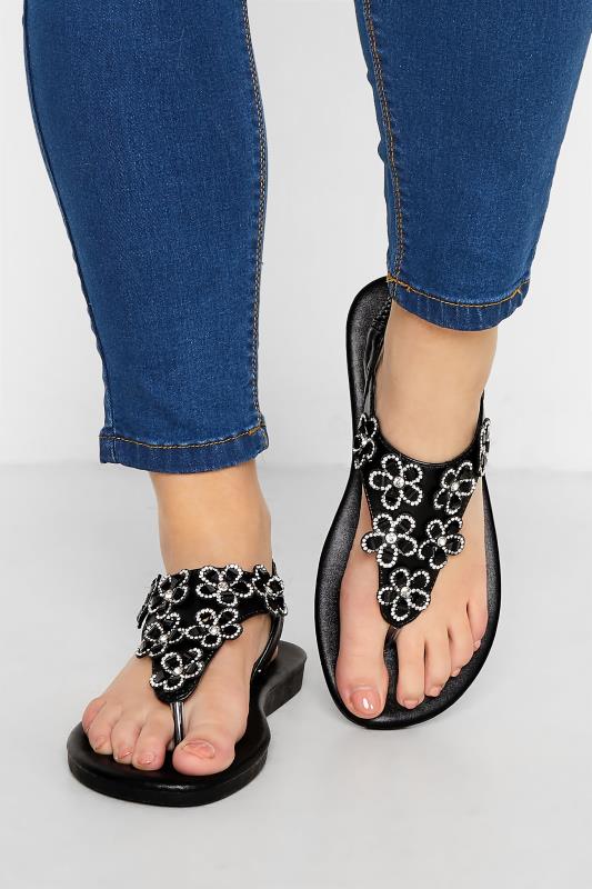 Plus Size  Yours Black Diamante Flower Sandals In Wide E Fit & Extra Wide EEE Fit