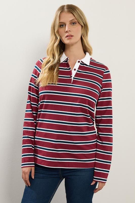 LTS Tall Red & Navy Blue Striped Jersey Polo Top | Long Tall Sally 1