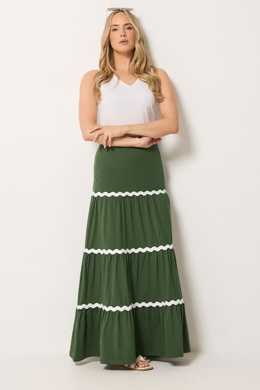  LTS Tall Khaki Green Contrast Swirl Cotton Maxi Skirt