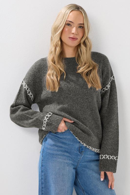 LTS Tall Grey Knitted Cross Stitch Jumper | Long Tall Sally 1