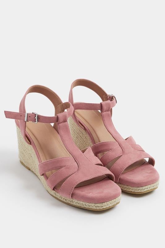  Yours Pink Faux Suede T-Bar Wedge Sandals In Wide E Fit