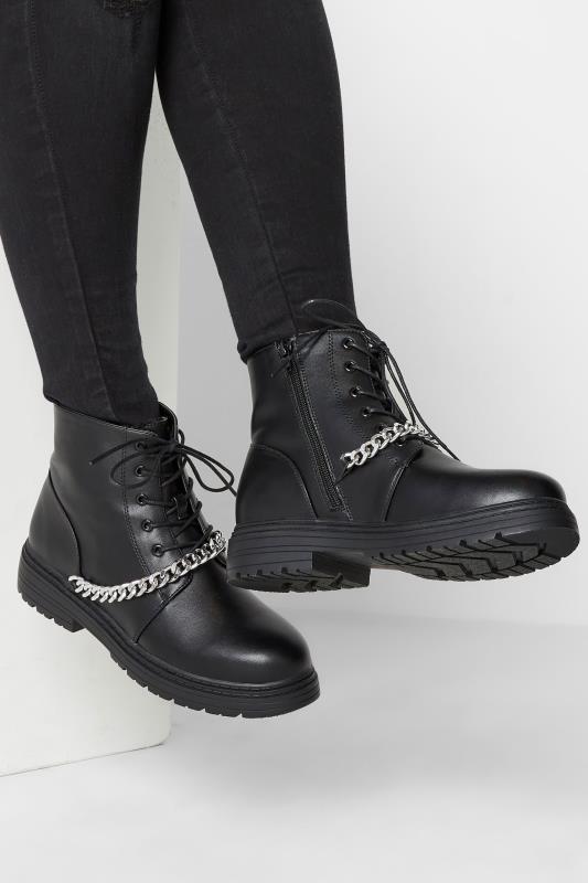 Plus Size  Yours Black Chain Lace Up Boots In Wide E Fit & Extra Wide EEE Fit