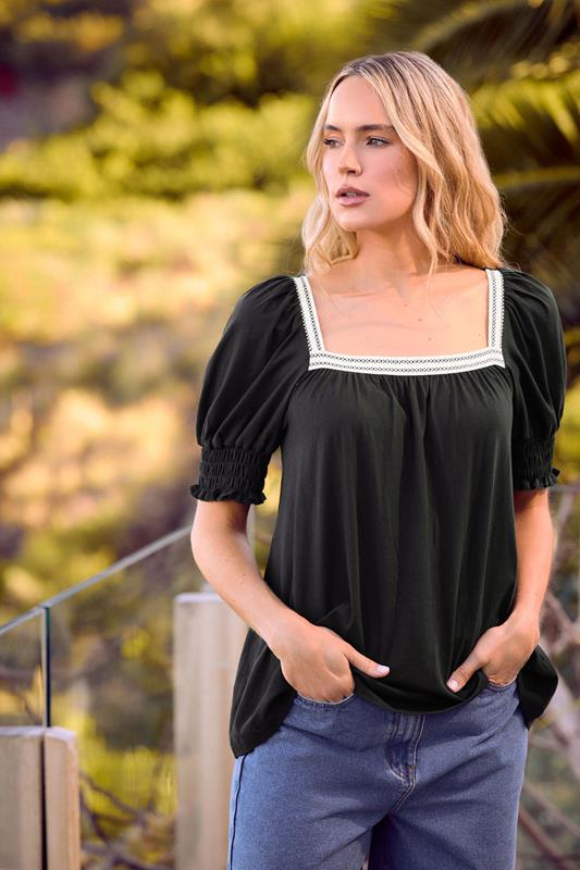 Tall  LTS Tall Black Textured Square Neck Top