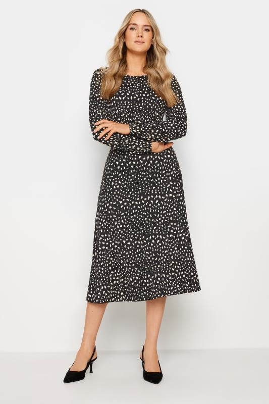 LTS Tall Black Long Sleeve Markings Print Midi Tea Dress | Long Tall Sally 2