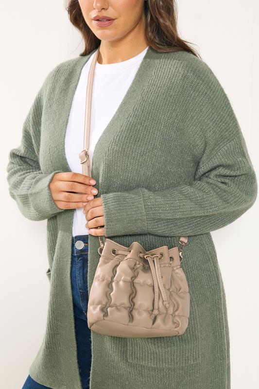 Camel Brown Faux Leather Quilted Bucket Bag