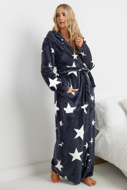 LTS Tall Navy Blue Star Print Hooded Dressing Gown Long Tall Sally