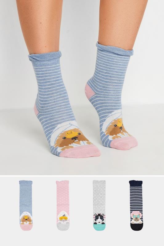 Plus Size  Yours 4 PACK Pink & Blue Dog & Cat Spa Ankle Socks