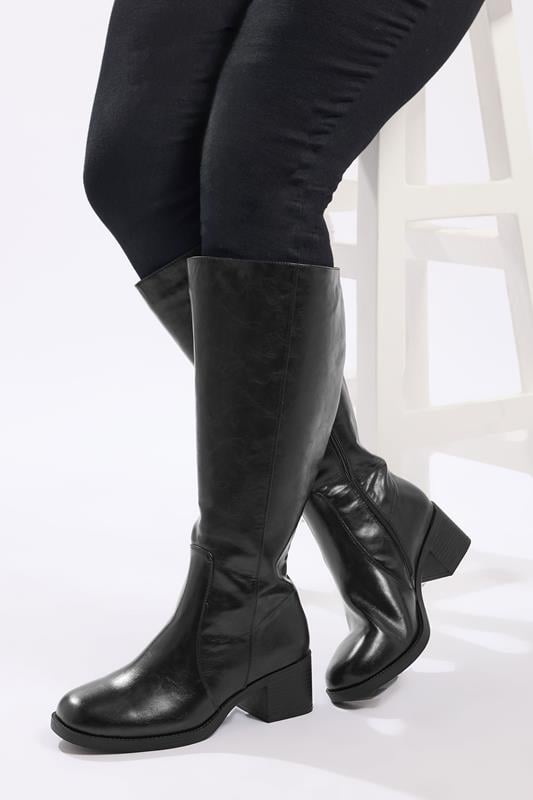 Black Square Toe Knee High Boots In Extra Wide EEE Fit | Yours Clothing 1