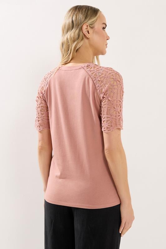 LTS Tall Women's Pink Crochet Raglan Cotton T-Shirt | Long Tall Sally 2