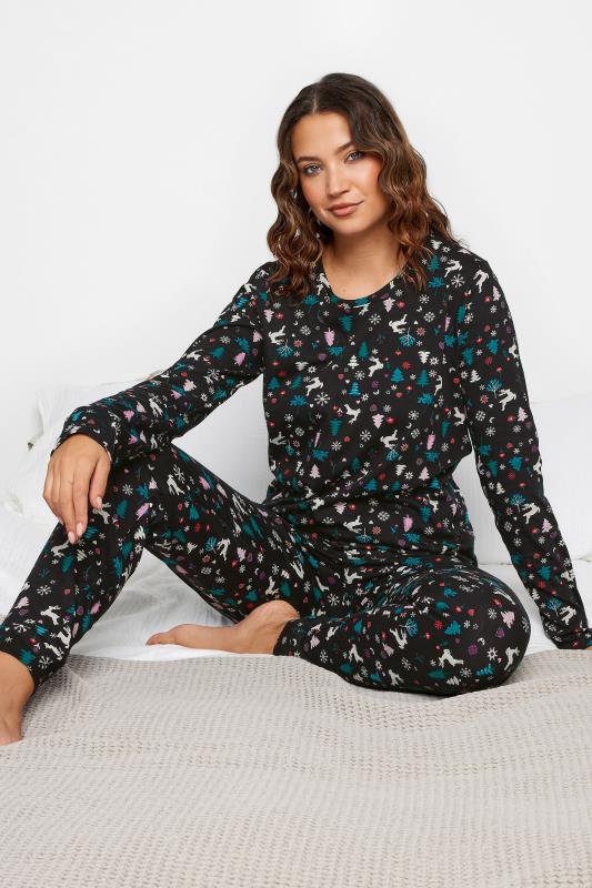 LTS Tall Womens Black Christmas Print Cuffed Pyjama Set | Long Tall Sally  2